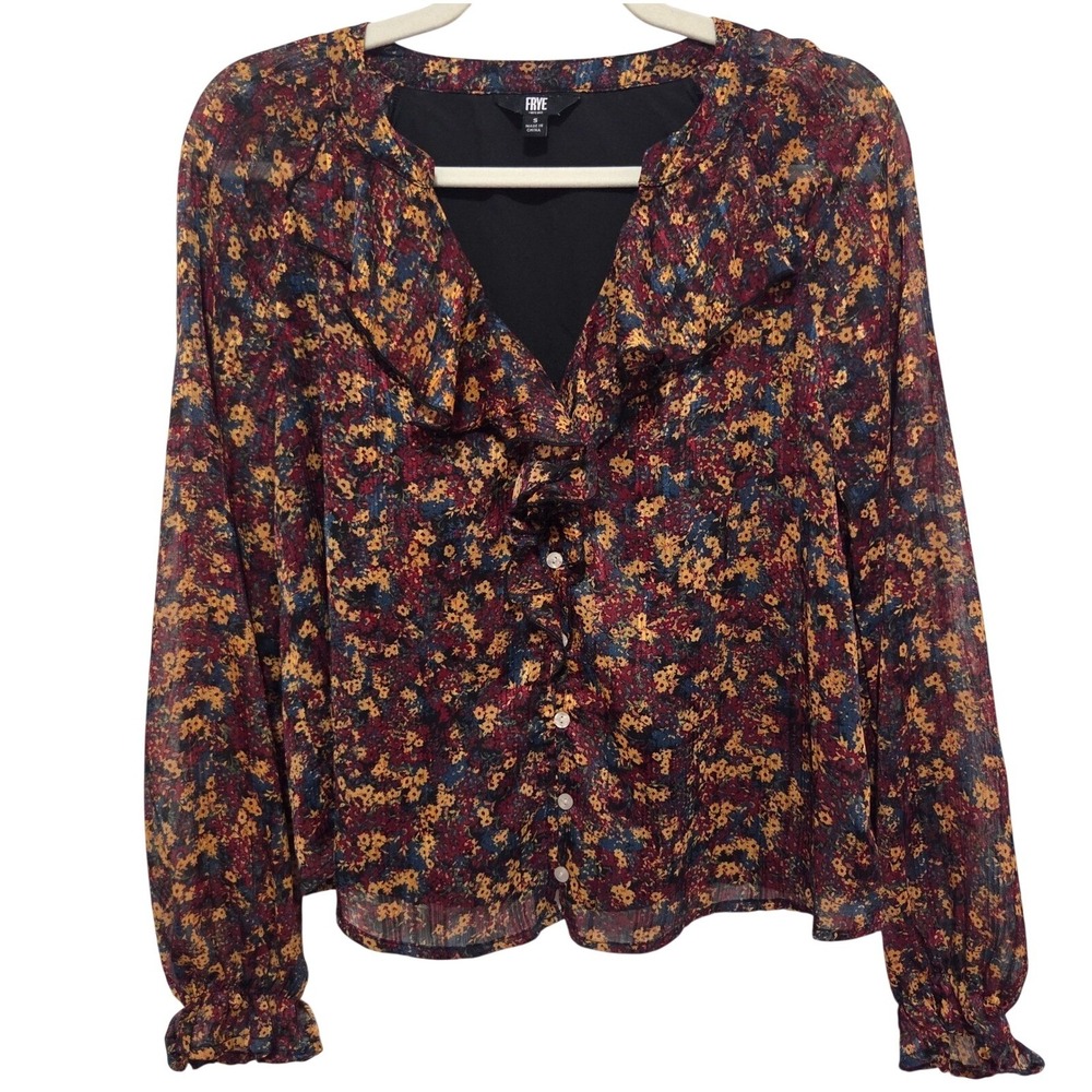FRYE Floral Print Sheer Ruffle Tie Neck‎ Long Sleeve Blouse Top Women's Size S
